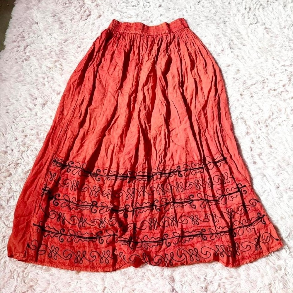 Bohemian‎ Embroidered Lagenlook Earthy Hobbit Hippie Granola Maxi Skirt Womens M